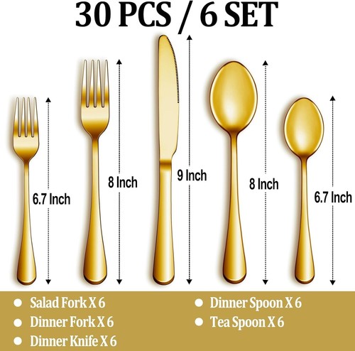 30-Piece Gold Stainless Steel Silverware Set Service for 6 - Dishwasher Safe - Picture 4 of 9