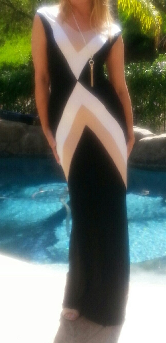 Maya Antonia-TALL-PLUS SIZE- V-Black-Nude-White Color Block Elegant Maxi  Dress | eBay