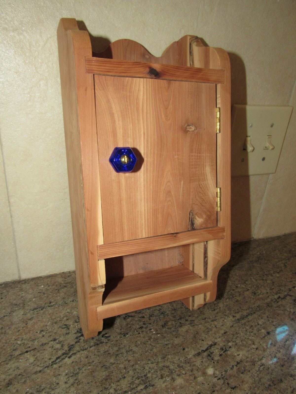 Vintage Handcrafted Cedar Wall Key Box with Cobalt Glass Knob Shelf-image