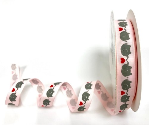 Elephant Heart on Pink Grosgrain Ribbon Width 16mm - Picture 2 of 6