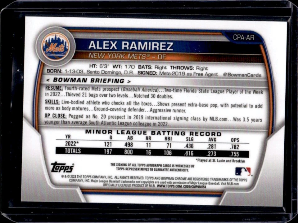 2023 Bowman Alex Ramirez Chrome Prospect Auto Atomic Refractor #87/100 Mets - Image 2 of 2