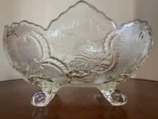 Vintage Jeanette Pressed Glass Scalloped Edge Floral Leaves Footed Bowl