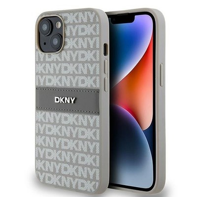 Original DKNY Eco Leder Muster & Streifen Impact Case für iPhone 14 beige/grau