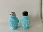 Early American Pattern Blue Milk Glass Salt and Pepper Shakers Vintage