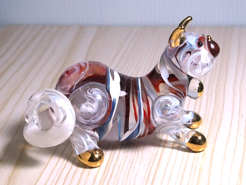 maroon Blue Cat figurine hand blown Art Glass gold trim 3.25" cute decor GIFT - Picture 8 of 18