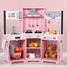 Kids Pretend Play Corner Kitchen Wooden Toy Set w/ Lights,Sounds Girls Gift Pink