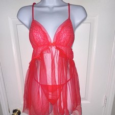 Victoria’s Secret Red Lace Mesh Babydoll Lingerie rhinestones set M