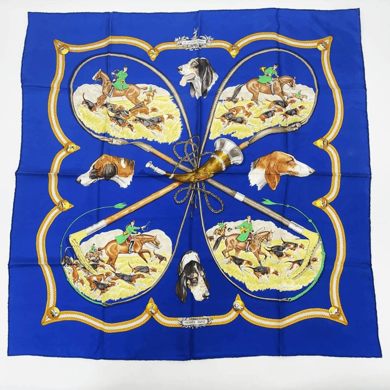 Hermes Le Laisser Courteous Hound Blue Silk 90 Scarf 100