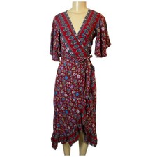 Acanela expeditions Red Floral Maxi Wrap Dress Asymmetric Cottagecore Small/XS