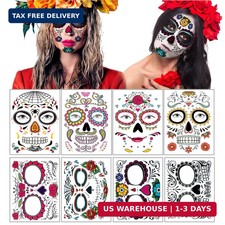 Day of the Dead Face Tattoos - 8 Large Sheets Sugar Skull Rose Temporary Tattoos