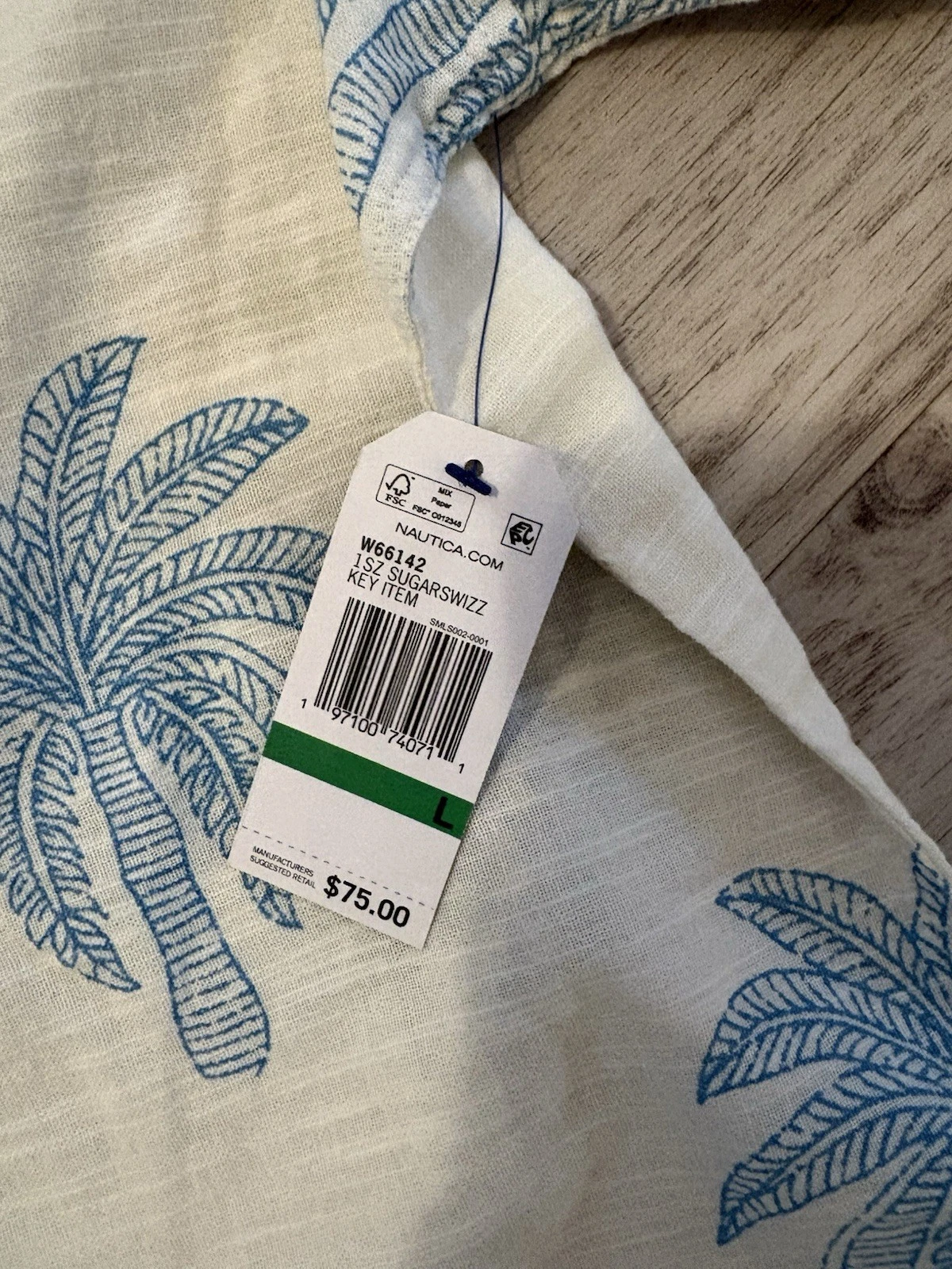 Nautica Linen Palm Tree Print Button-Up Shirt Short Sleeve Size L White/Blue image 2