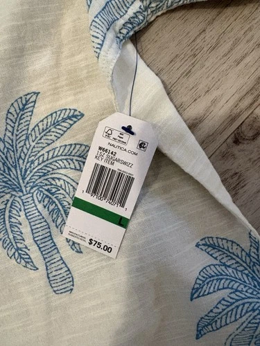Nautica Linen Palm Tree Print Button-Up Shirt Short Sleeve Size L White/Blue image 2