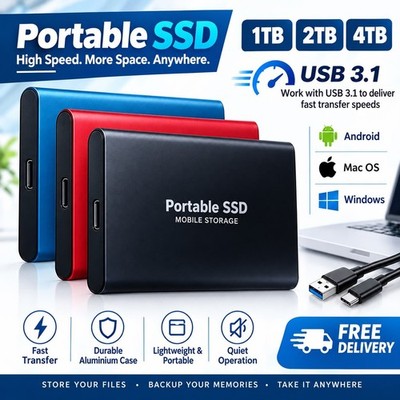 Externe SSD 1TB 2TB 4TB Tragbar USB Highspeed Festplatte Speicher PC Laptop Mac