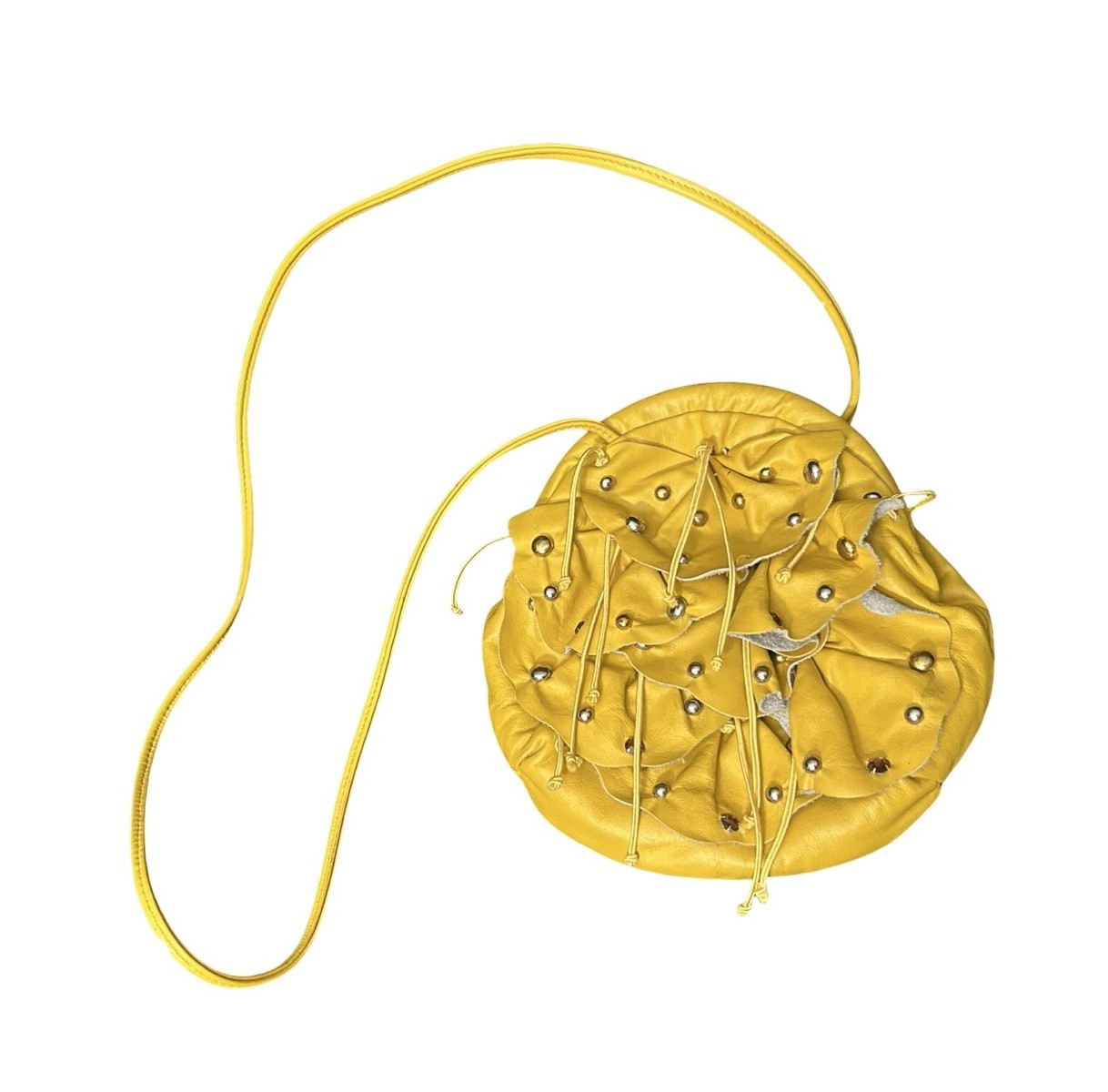VTG Leather Floral Applique Crossbody Bag 7.5” Bright Yellow Studded Details