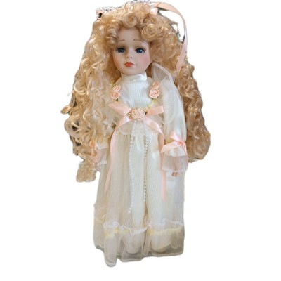 Unique Porcelain Doll  16'' Blonde Ringlets Blue Eyes Long Lashes COA Agnes