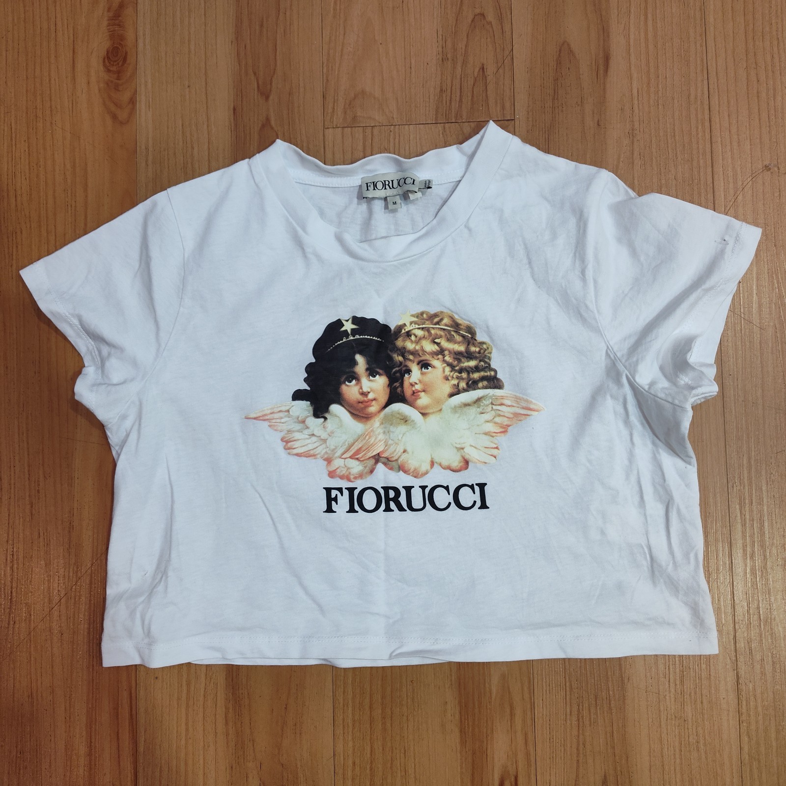 Fiorucci Vintage Angels Cropped Tee Shirt White Women's Sz M