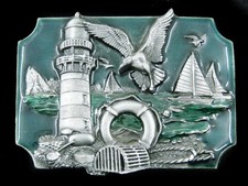 SE07161 NOS VINTAGE 1989 LIGHTHOUSE SAILING SHIPS ARTWORK BELT BUCKLE