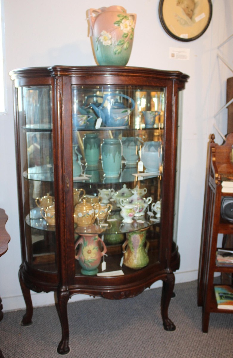 Antique Oak Serpentine Glass Curio China Cabinet | eBay