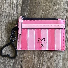 VICTORIA'S SECRET CARD & COIN KEYCHAIN WALLET LEATHER STRIPED PINK 3" x 4.25