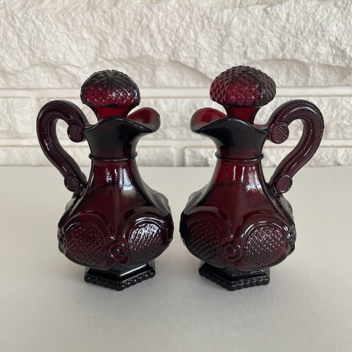 Vintage Pair Avon 1876 Cape Cod Ruby Red Glass 6" Bath Oil Cruets With ...