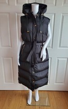Threadbare Robbie Black Quilted Longline Hooded Gilet With Tie Waist Size 12