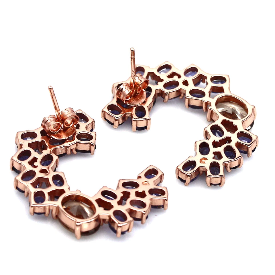 Pedra preciosa 6 x 8 mm. Brincos de prata esterlina 925 com zircão marrom e iolita roxa - Imagem 3 de 4