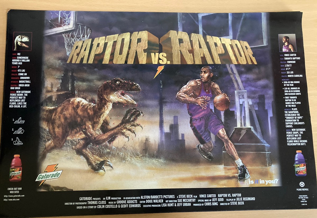 Vtg Raptor Vs Vince Carter Poster 22x15 Gatorade Toronto Raptors 