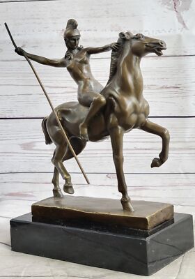 Original M.Lopez Female Amazon Girl With Spear Bronze Sculpture Marble Base Art