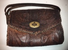 Vintage Hand Tooled Leather Purse, Brown, Shoulder Bag, Western, Medium, Floral 