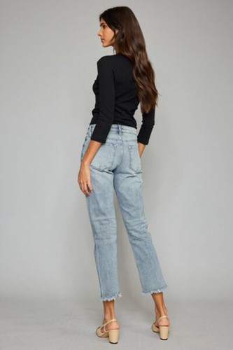 Kancan High Waisted Button Fly Raw Hem Cropped Blue Denim Straight Leg Jeans - Picture 3 of 11