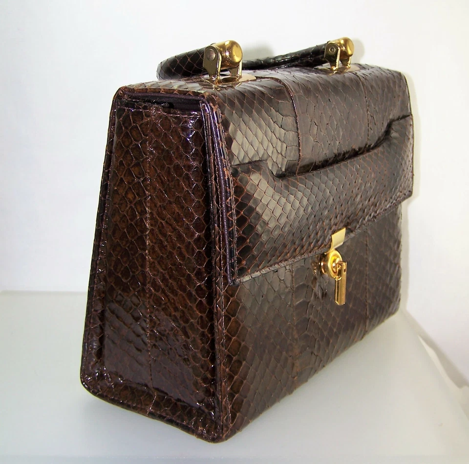 复古 20 世纪 60 年代棕色蛇皮手提包结构化钱包带更换钱包很棒! — 第 4/4 张图片