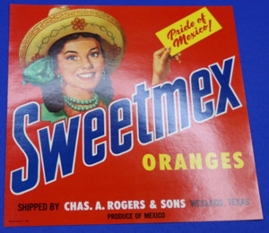Original Vintage Sweetmex Orange Fruit Crate Label Pride of Mexico Weslaco Texas