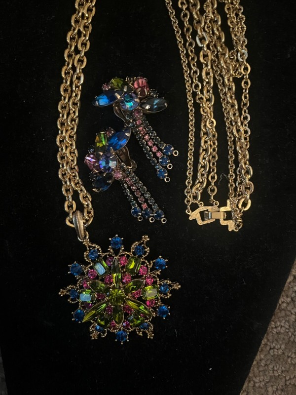 lovely long multi-strand rhinestone necklace & earrings - marriage-unsiged
