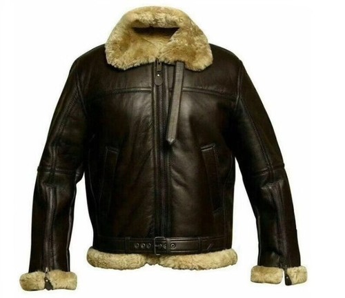 Herren B3 Echt Lammfell Shearling Jacke Bomber Motorrad Jacke Braun Pelzmantel - Bild 3 von 7
