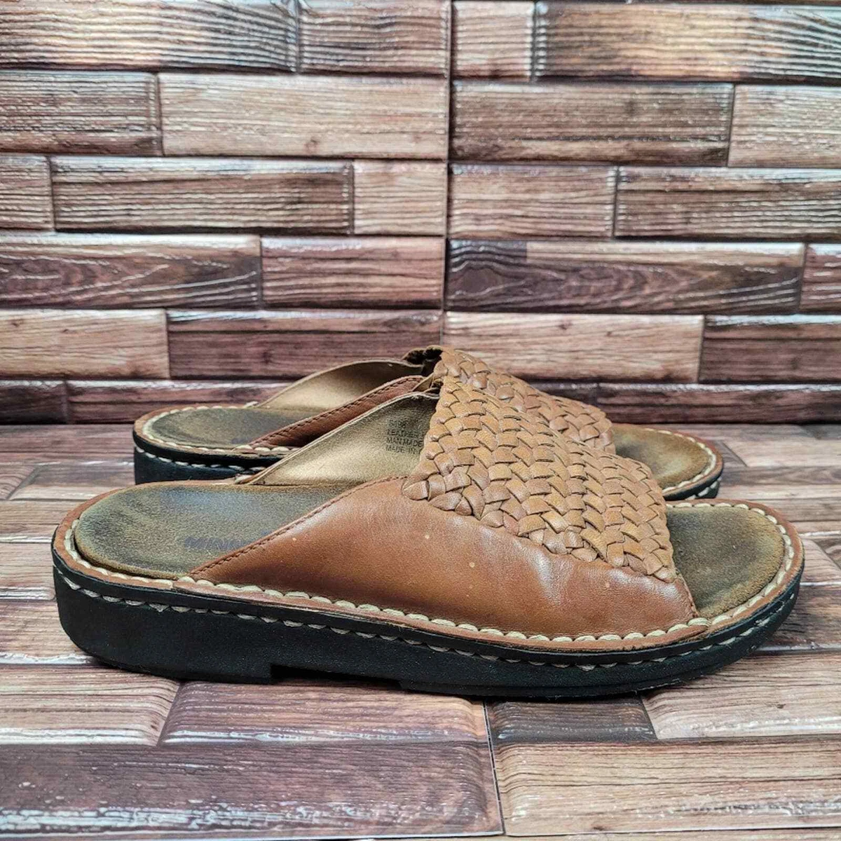 Minnetonka Woven Brown Leather Slide Sandals 5498 Womens Size 8 Boho Retro