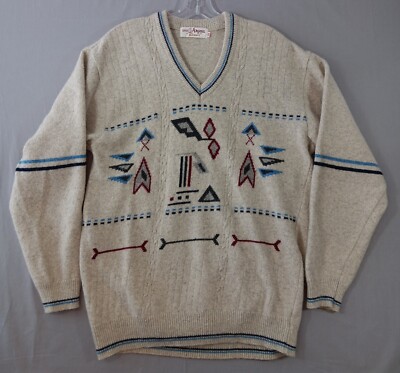 Vintage Super Angora V Neck Sweater Abstract Geometric Mens Size 40 By Cezari