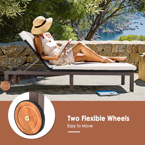 2PCS Patio Adjustable Rattan Recliner Chaise Lounge Chair w/ Cushion Wheels - Picture 5 of 9