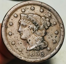1855 Large Cent Matron Braided Hair 1C Ungraded US Copper Coin CC28660