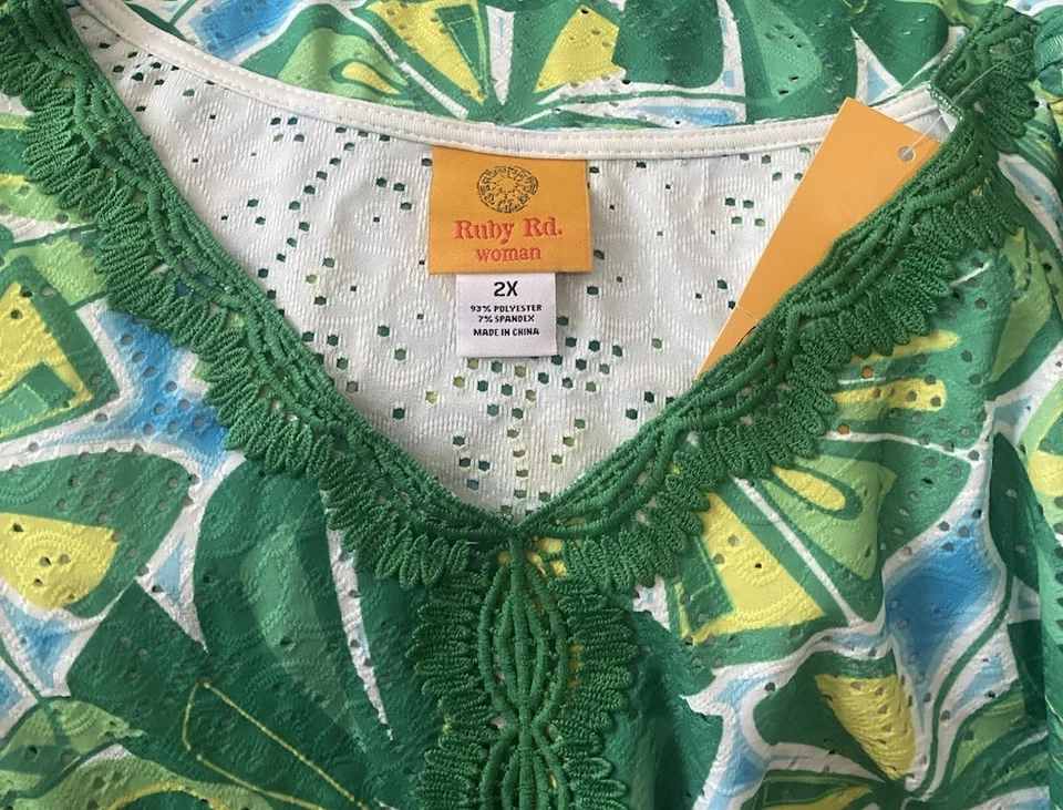 NWT Ruby Rd. Women’s Mint Multicolor Lace Trim Polyester Blend Blouse Top 2X $75 - Image 2 of 4