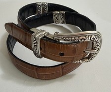 Brighton Leather Belt Concho Brown Leather Silver Floral Buckle USA 90s Size 32
