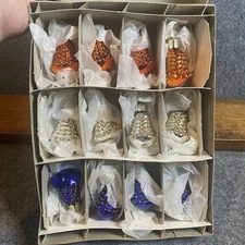 VTG 12 Old World Christmas Holiday Ornaments Multi-Colored Bells With Box