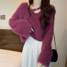Lady Faux Fur Sweater Knitted Jumper Cropped V-neck Fluffy Pullover Fashion Tops