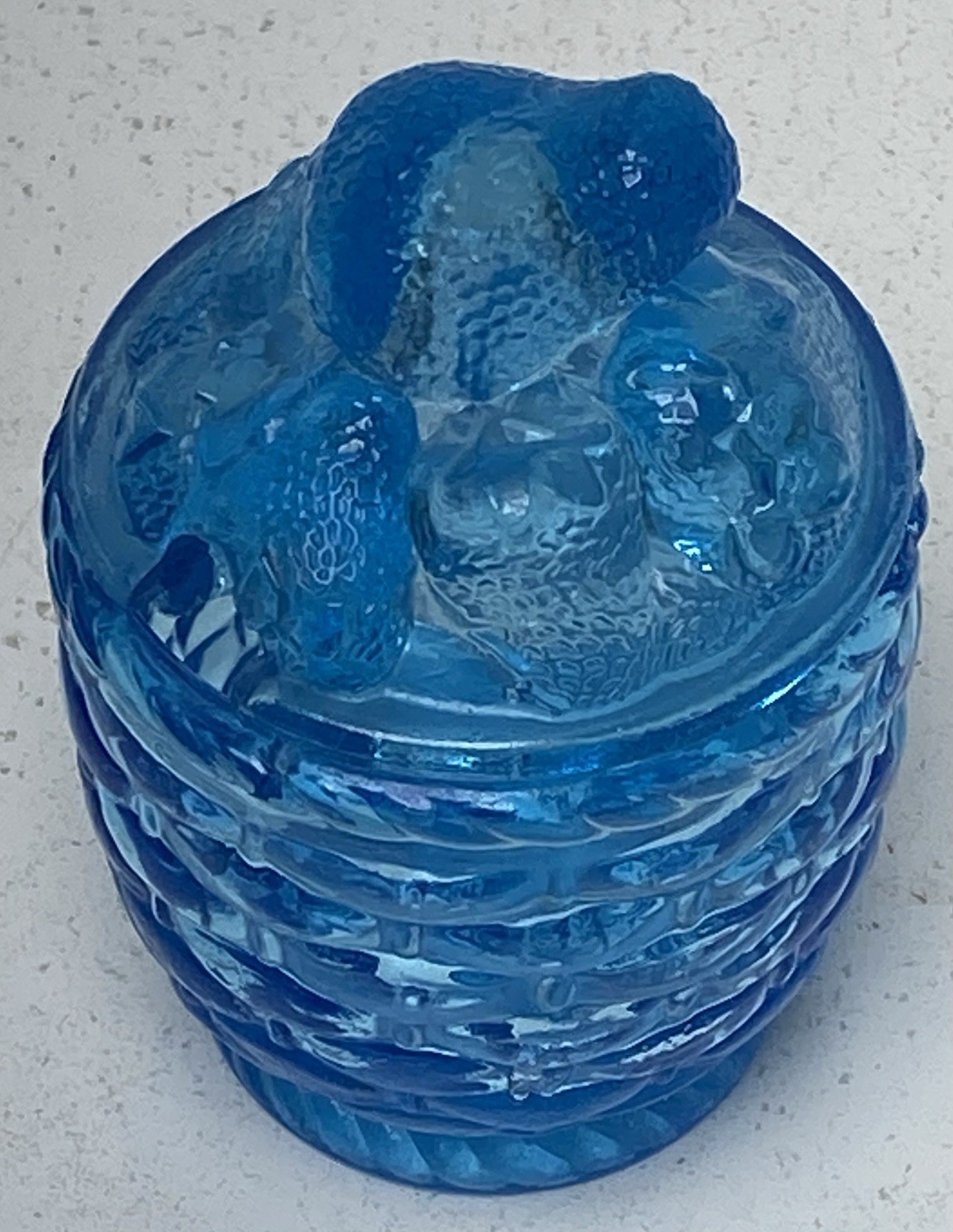 Vintage Pressed Glass Covered Dish Blue STRAWBERRY BASKET Jam Jelly Jar & Lid