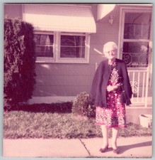 Vtg Color Snapshot Elderly Woman Front Yard Dress 1960s