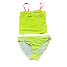 Girls M 8 Old Navy Bright Neon Yellow White Polka Dot Stripe Tankini Swim Set