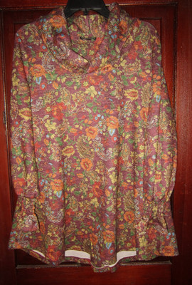 Boho Chic L Knit Tunic Top Shirt Blouse Floral Paisley Print Flared Sleeves Soft