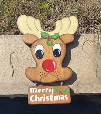 Vintage Hand painted Wooden Reindeer Merry Christmas Sign