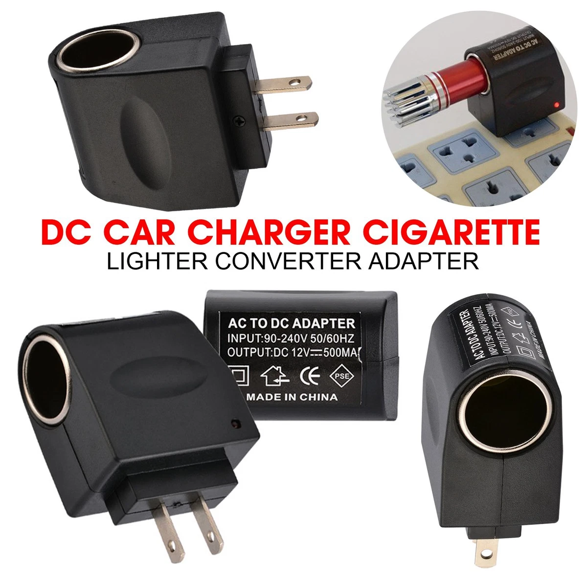 Universal AC to DC Car Cigarette Lighter Socket Adapter (US Plug) 