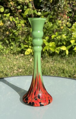 VTG Unique Czech Kralik Opaline Green Glass End of Day/Spatter Bud Vase 8''