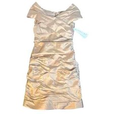 NWT Niteline Vintage Off Shoulder Ruched Event Dress- Bronzed Metallic Tan, 4P